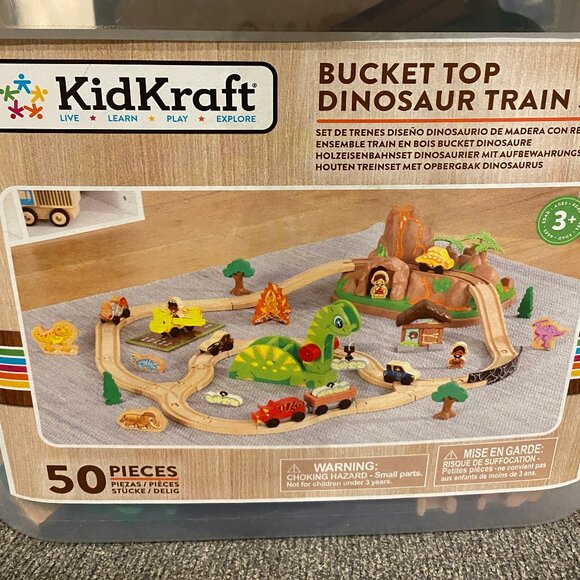 KidKraft Dinosaur Bucket Top Wooden Train Set + Plus 50 Piece Expansion Track - Picture 8 of 11